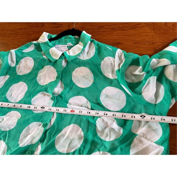 Susan Graver Blouse  Woman Kelly Green Polka Dot Semi Sheer Button Up Tunic SZ 2 - Picture 6 of 9